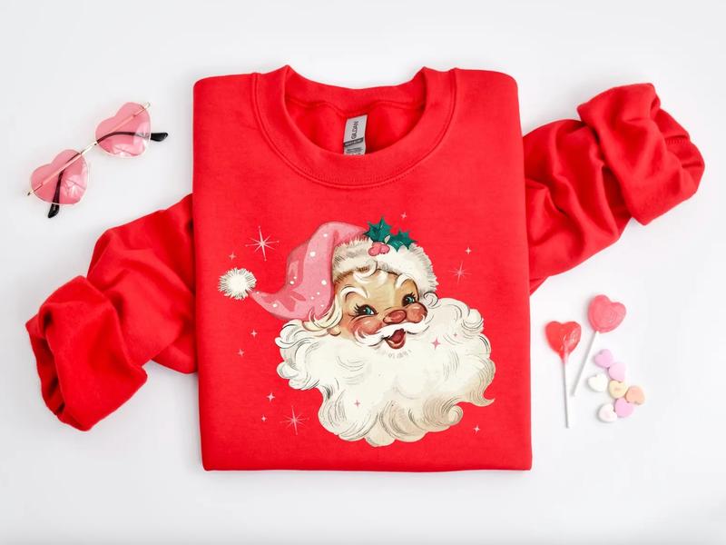 Pink Santa Retro Christmas ShirtSweatshirtHoodie, Retro Crewneck, Gift For Xmas, Cotton, Womenswear Tops