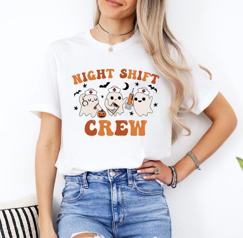 Night Shift Crew, Halloween Nurse Sweatshirt, Retro Spooky Nurse T-Shirt, Registered Nurse Sweatshirt, Nursing School Tee, Halloween RN Shirt, Full Si