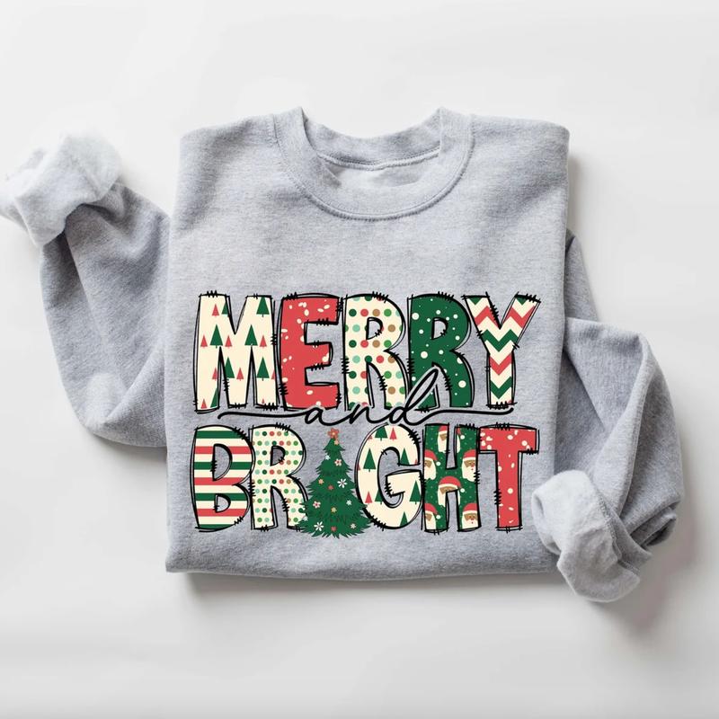 Merry and Bright ShirtSweatshirtHoodie, Retro Crewneck, Gift For Xmas, Cotton, Womenswear Tops