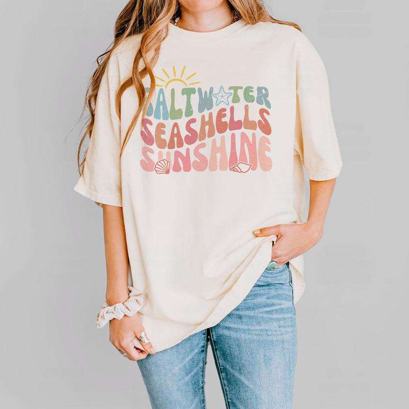 Saltwater Seashells Sunshine Shirt, Summer Shirt, Comfort Shirt for Women, Beach TShirt, Summer Vacation TShirts, Saltwater Tee, Sunsets Tee, Matching Beach TShirt, Groovy Summer Shirts, Girls Trip Shirts, Gift for Friend Women Top