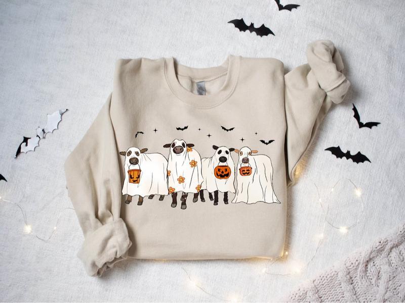 Cows Halloween Sweatshirt, Halloween Ghost Cows Sweatshirt, Spooky Cows Halloween Gifts, Cow Lovers Halloween Gift Classic Fabric popular sweatshirt