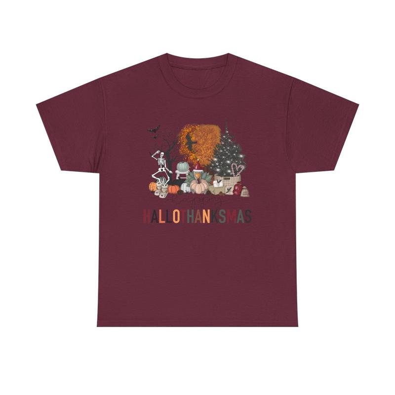 Happy Hallothanksmas Unisex Heavy Cotton Tee - Halloween - Thanksgiving - Christmas - Holiday Shirt - Pumpkin - Ghost - Christmas Tree - Snow - Turkey - Funny Shirt - Gift for Men and Women