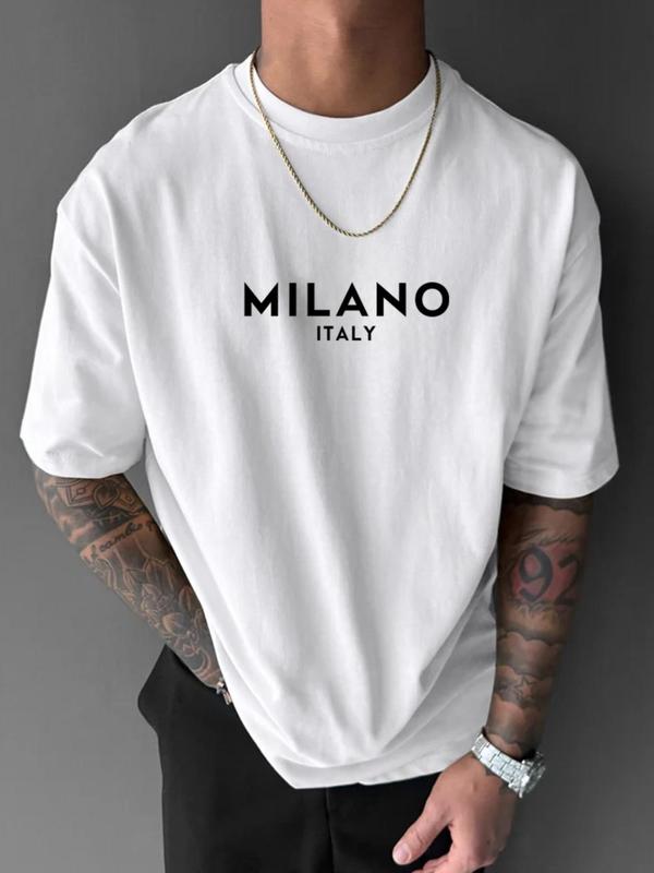 Men's Letter Print Round Neck Tee, Regular Fit Casual Comfy StreetwearÃ‚Â Drop Shoulder Short Sleeve T-shirt for Daily Wear, Graphic Tees,Ã‚Â Men's Summer C