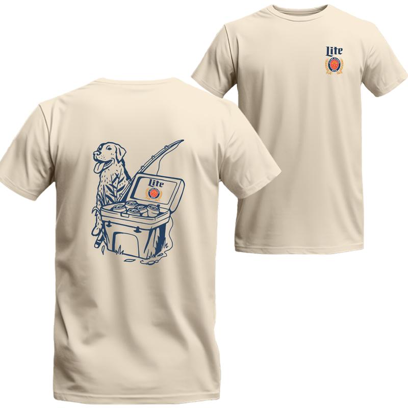 Miller Lite Fishing Scene with Dog  Cooler 2 sided Shirt, Unisex T-shirt For Men, For Women, Best choice, Menswear Top, Beer Shirt Underwear Tshirt