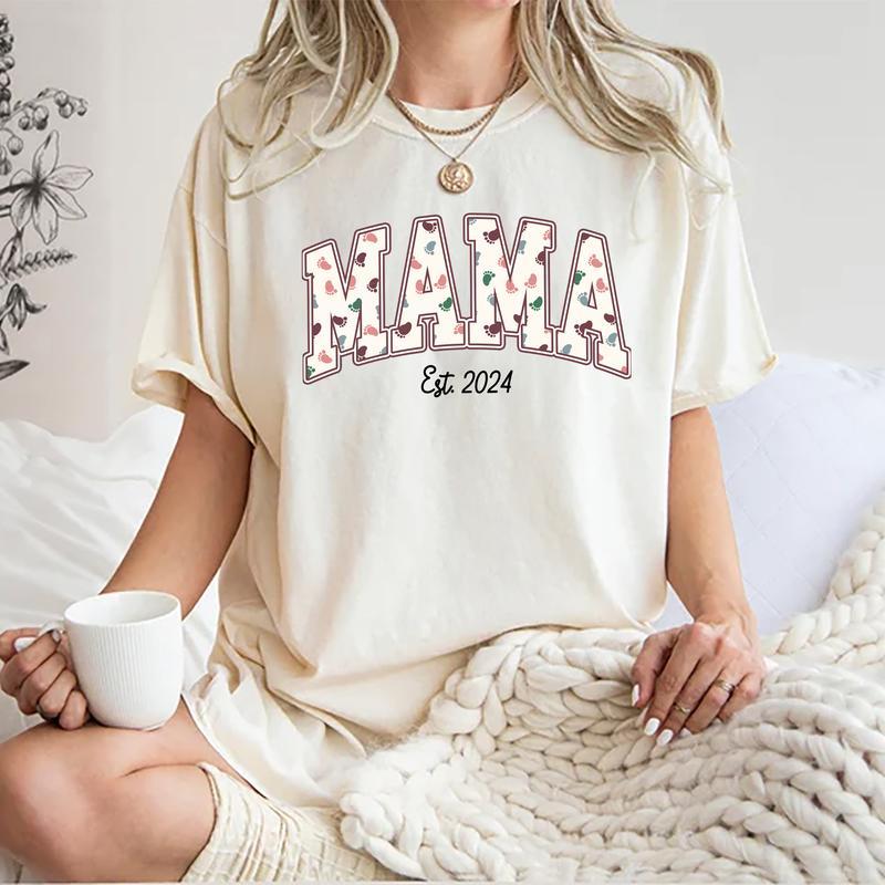 Mama Est. 2024 Shirt, New Mom T-shirt, Baby Footprint Mom Graphic Printed Tee, New Mama Comfort Shirts, Soft Fabric Shirt For New Mom, Gift For Mom, M