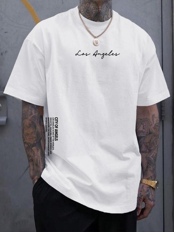 Men's Letter Print Drop Shoulder Tee, Summer Clothes, Regular Fit Casual Soft Comfy Streetwear Round Neck Short Sleeve T-Shirt for Summer, Graphic Tee