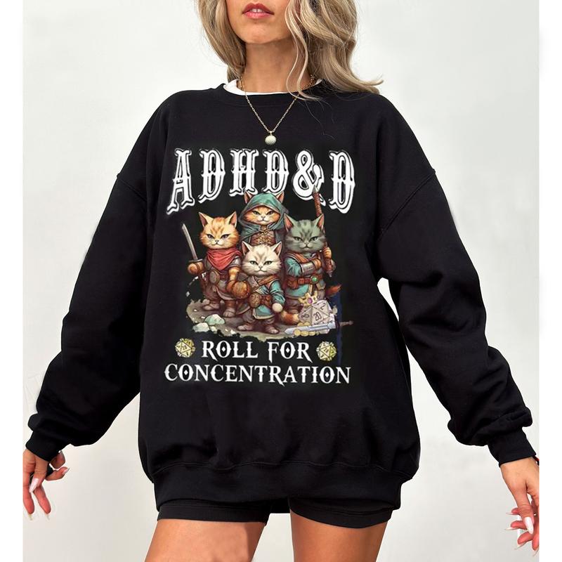 Funny ADHD & D Roll For Concentration Funny Gamer Shirt, ADHD Shirt, DnD Shirt, ADHD & D funny Cat Sweatshirt