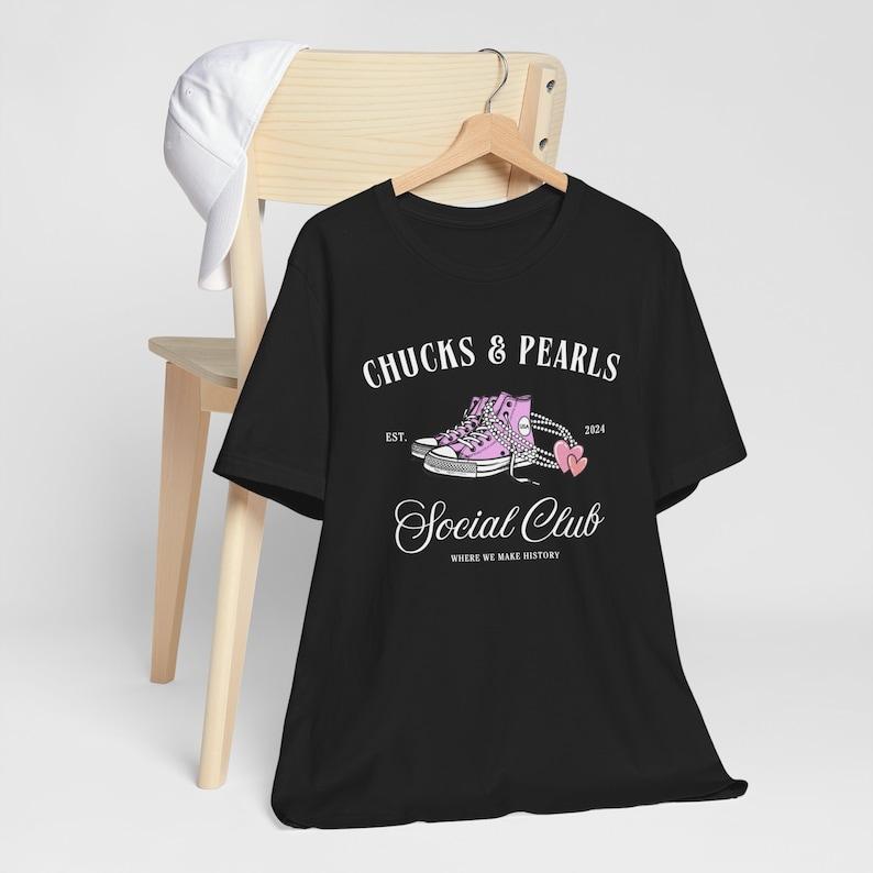 Chucks and Pearls 2024 Election Shirt Madame President Political Activism Tshirt