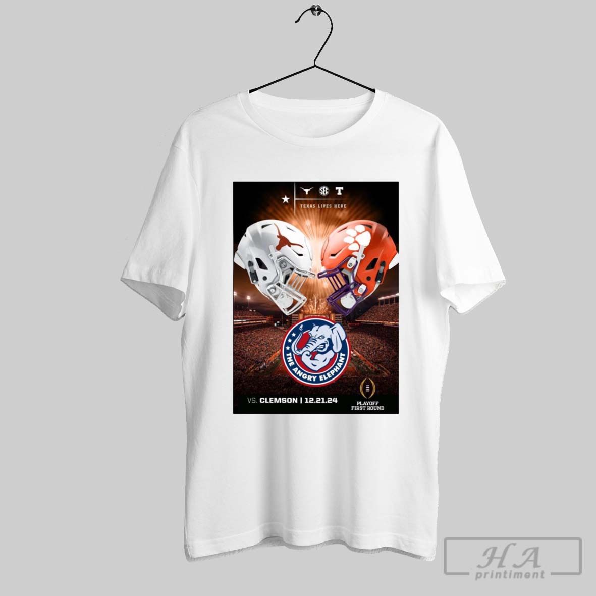 Poster Texas Longhorns Vs Clemson Tigers The Angry Elephant 12 21 24 Playoff First Round T Shirt