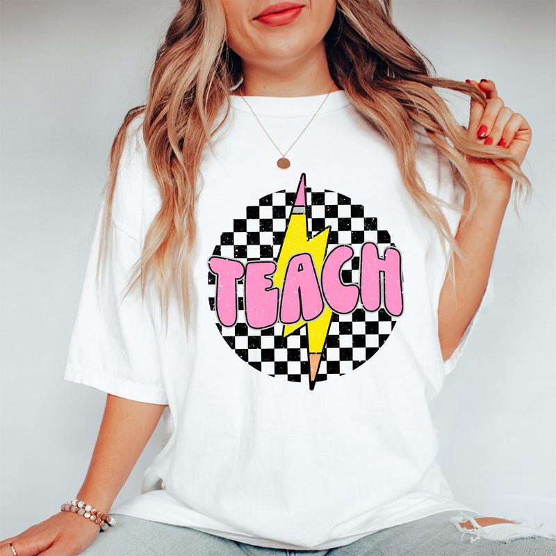 Checkered Teach Shirts, Pencil Lightning Shirt, Lightning Bolt Shirt, Teacher Appreciation Gifts, Shirt For Teacher, Retro Teacher T-shirt, Teacher Gifts, Women Shirt, Retro Shirt For Her, Women Tops, Checkerboard Teach T-shirt