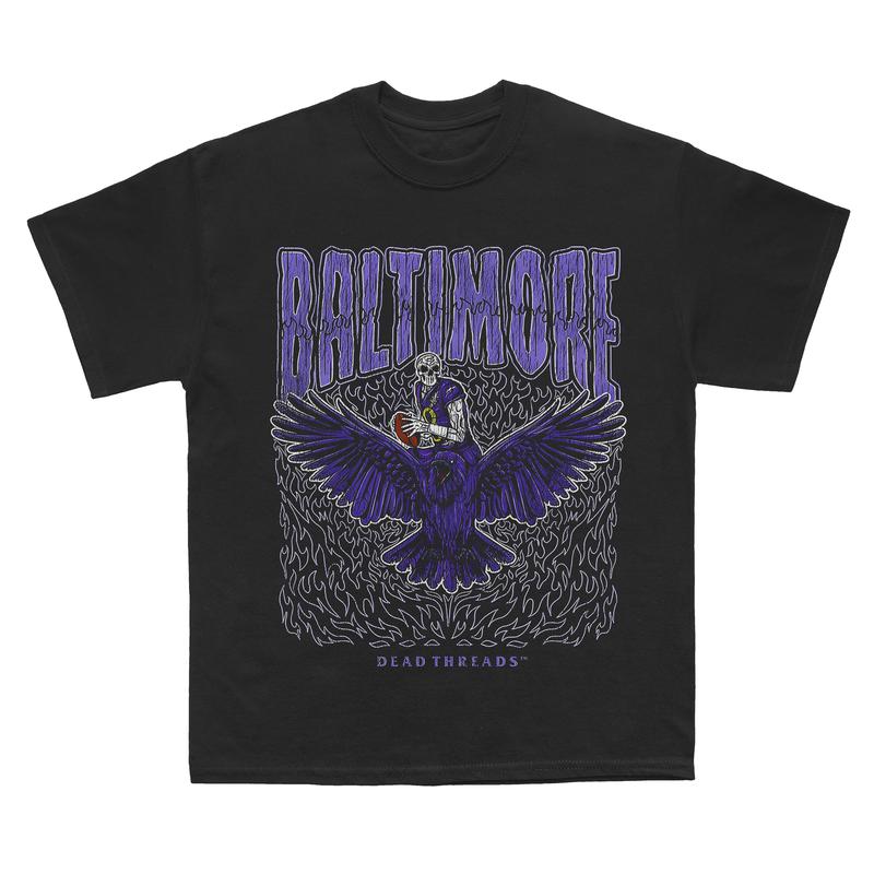 Baltimore football, Deadman's Raven Graphic T-Shirt, Full Cotton, Men's Top Women's Top, American Football Team, For Men And Women Fabric Menswear Retro Print Womenswear