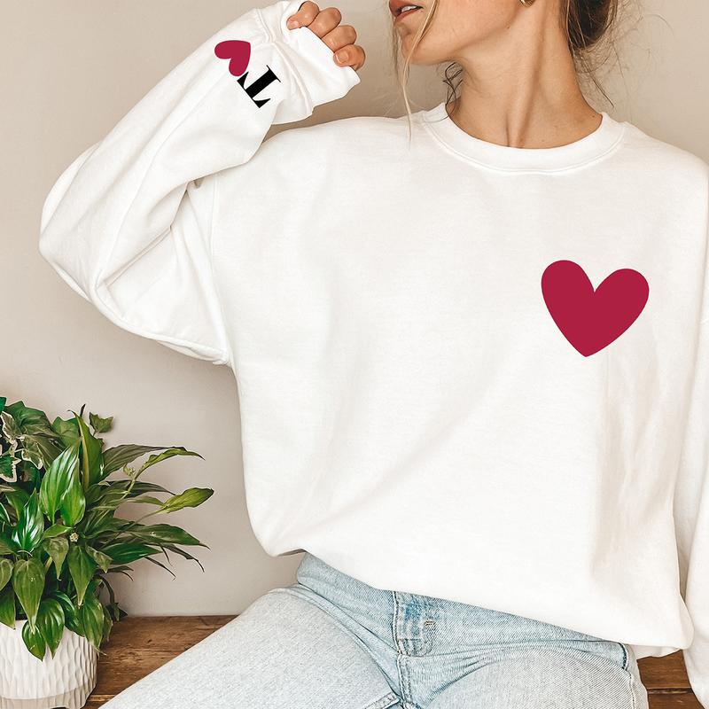 Valentines Sweatshirt for Women with Initial on Sleeve, Couple Sweatshirt, Gift for Lovers, Matching Girlfriend Boyfriend Valentines Shirt