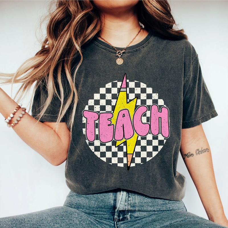 Checkered Teach Shirts, Pencil Lightning Shirt, Lightning Bolt Shirt, Teacher Appreciation Gifts, Shirt For Teacher, Retro Teacher T-shirt, Teacher Gifts, Women Shirt, Retro Shirt For Her, Women Tops, Checkerboard Teach T-shirt