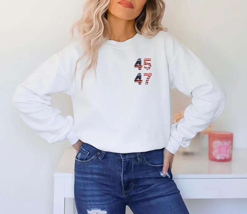 Classic American Flag Sweatshirt, Minimalist Election Sweatshirt 45 47, Patriotic American Flag Sweatshirt