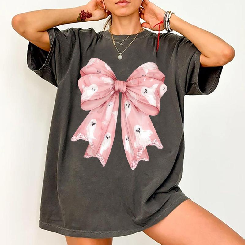 Pink Ghost Bow Coquette T-Shirt, Halloween Coquette Bow Shirt, Ghost Halloween, Halloween Shirt, Girly Halloween Shirt