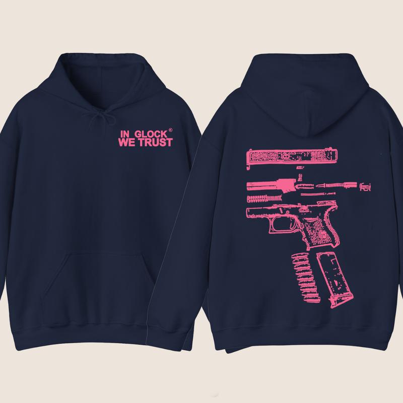 IN GLOCK WE TRUST 2 SIDE Hoodie , Design Heliconia pink, Sweater for Men , Gift For Men ,Full Color , Menswear Top, Glock SweatShirt Classic Cotton