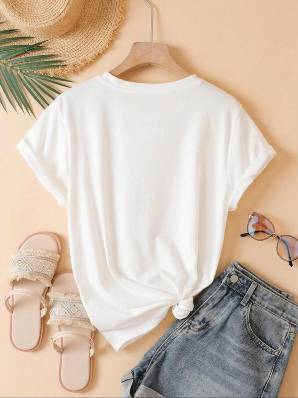 Women's Cartoon Goose & Letter Print Round Neck Tee, Summer Clothes Women, Casual Graphic Crew Neck Short Sleeve T-shirt for Summer, Women's Top for D