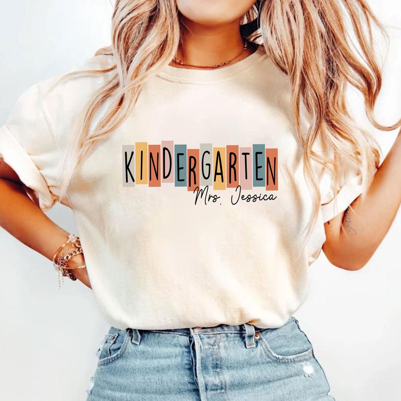 Happy First Day Of School Kindergarten Teacher Shirt, Custom Name Shirt, Personalized Teacher Shirt (Please Inbox In Message), Kindergarten Teacher Sh