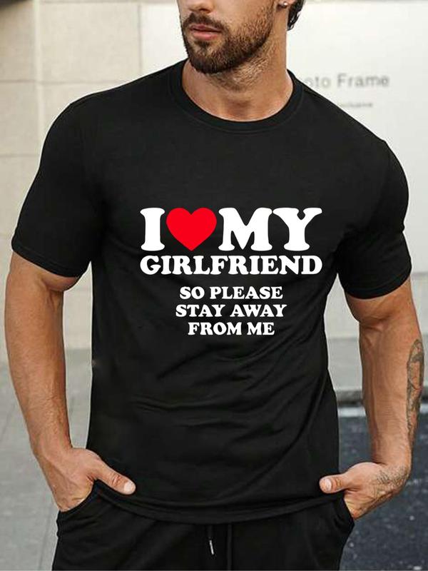 Men's Heart & Letter Print Round Neck Tee, Summer Clothes, Regular Fit Casual Short Sleeve Graphic T-shirt for Summer, Fashion Men's Top for Daily Wea