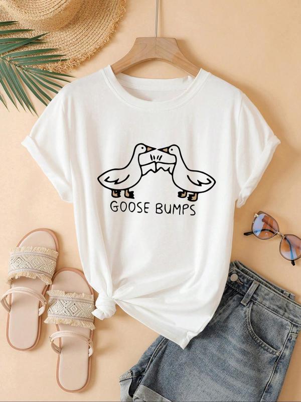 Women's Cartoon Goose & Letter Print Round Neck Tee, Summer Clothes Women, Casual Graphic Crew Neck Short Sleeve T-shirt for Summer, Women's Top for D