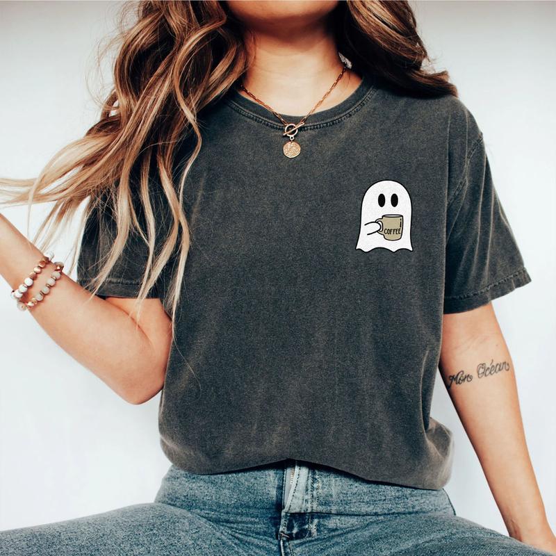 Spooky Coffee T-shirt, Cute Spooky T-shirt, Womens Ghost Shirts, Spooky Season Tee, Ghost Halloween Shirt, Fall Coffee Lover Shirt, Halloween Party Shirt, Coffee Lover Shirt, Women's Tops, Retro Halloween Tee