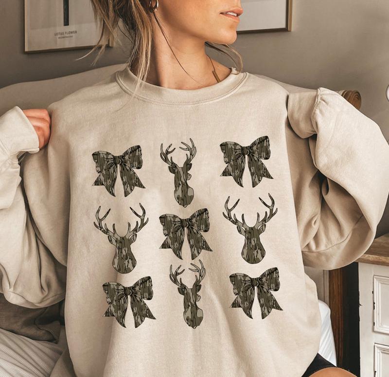 Deer Hunt Camo Coquette Sweatshirt, Camo Bow T-Shirt Sweatshirt, Hunting Lover Shirt, Shirt for Women Men