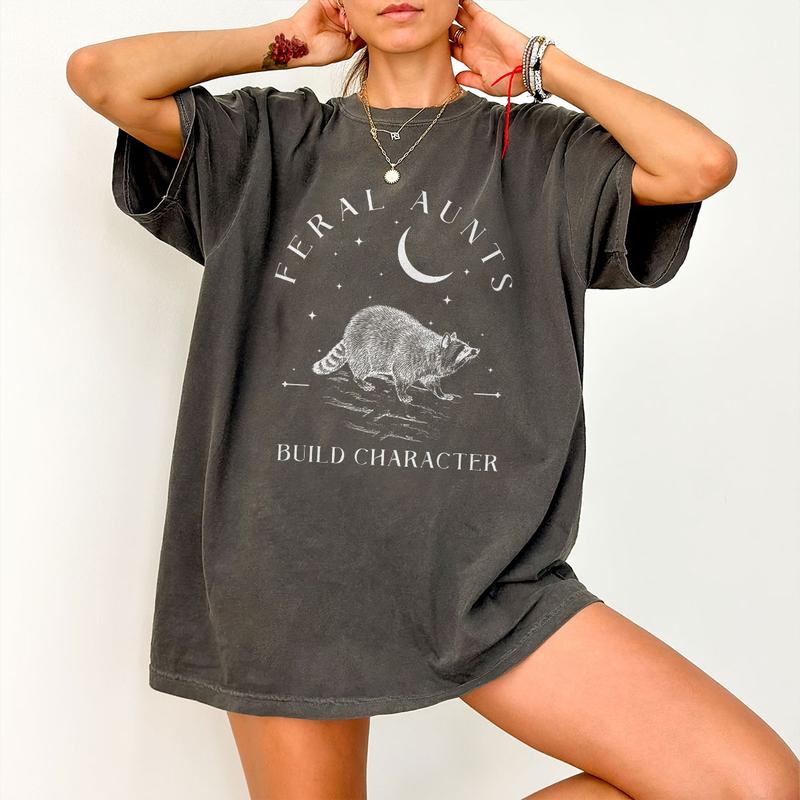 Feral Aunts Build Character Shirt, Raccoon Lover Aunt Shirt, Vintage Raccoon Art Crescent Moon Tee, Whimsigoth Aunty Tee, Aunty Shirt, Weird Gifts For