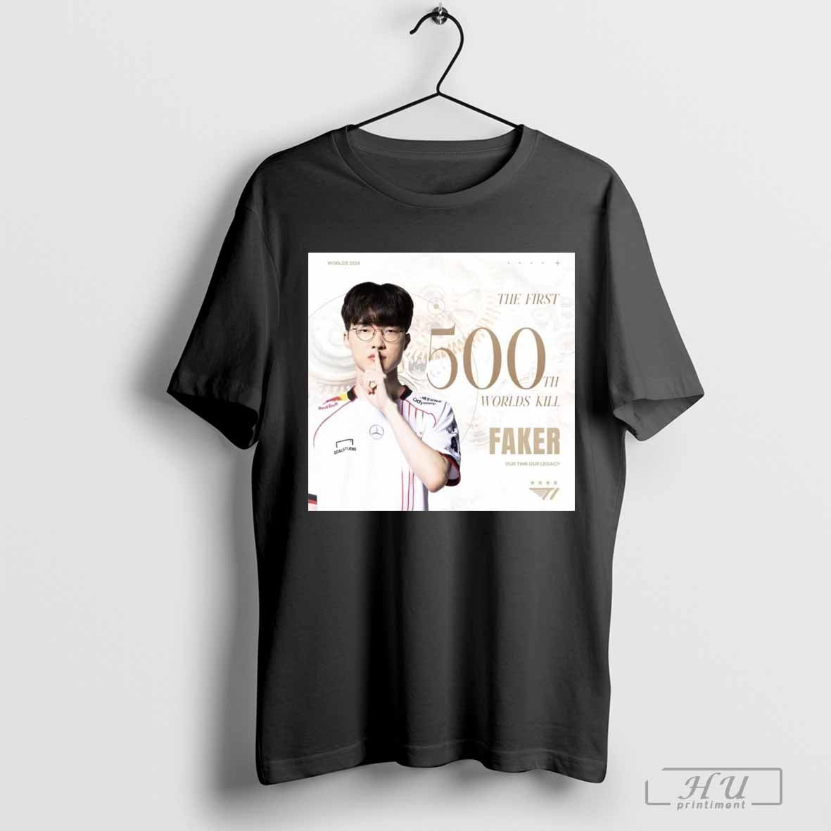 Poster SKT T1 Faker The First 500Th Worlds Kill Our Time Our Legacy Worlds 2024 T-shirt