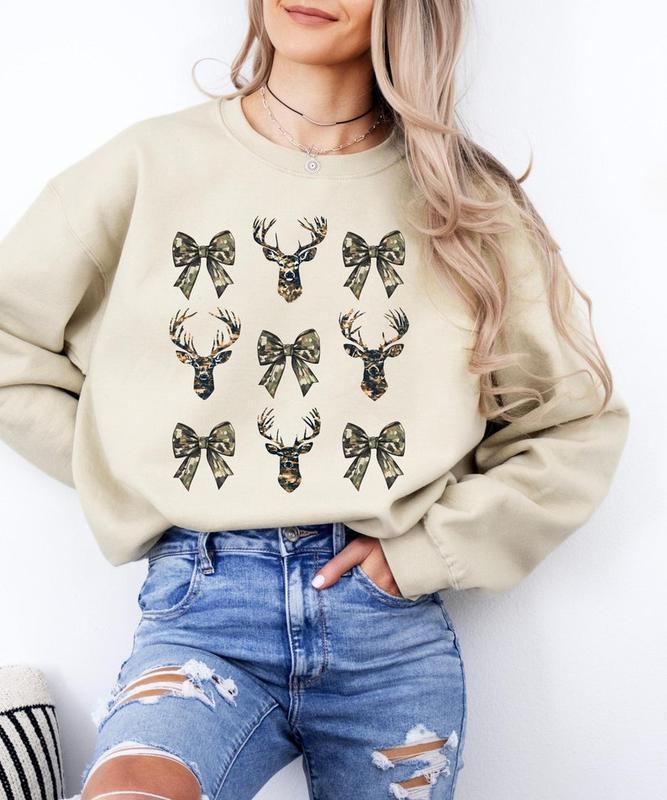 Girly Crewneck Sweatshirt for Deer Season Pullover with Deer Mount Prints and Camouflage Bows Womens Hunting Sweatshirt Deer Lease