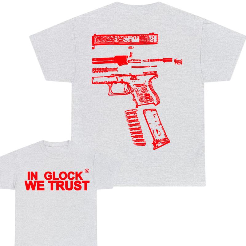 IN GLOCK WE TRUST 2 side T-shirt,Design Red, T-shirt For Men,Full color, Menswear Top, GIft For Men Cotton Classic