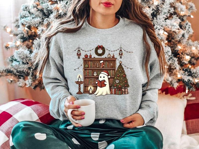 Ghost Reading Books Christmas Sweatshirt, Bookish Christmas Crewneck, Cute Ghost Xmas Shirt, Christmas Teacher Gift, Librarian Christmas Shirt, Christmas Bookish Gift Shirt
