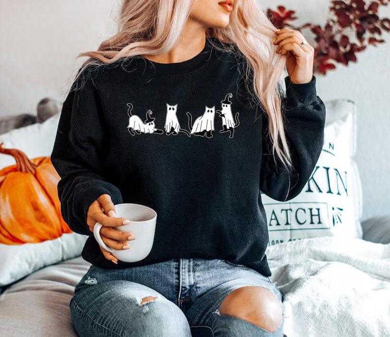 Halloween Ghost Cat Sweatshirt, Halloween Sweatshirt, Cat Sweatshirt, Ghost Shirt,Black Cat Shirt, 2024 Spooky Seas, Cool Halloween Cat Shirt, Cat Lov