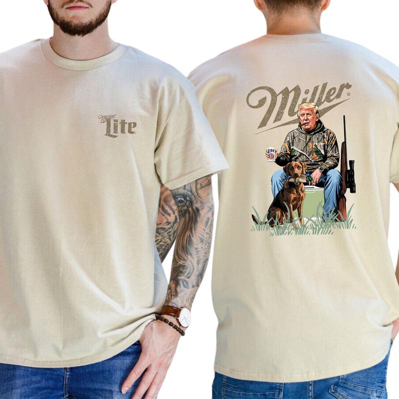 Hunter Trummp with Dog and Miler Lite Beer Shirt 2-Sided, Vintage Men's Buck Hunting Tshirt, Beer Drinking Tee, Hunt Tops, Classic Casual Menswear