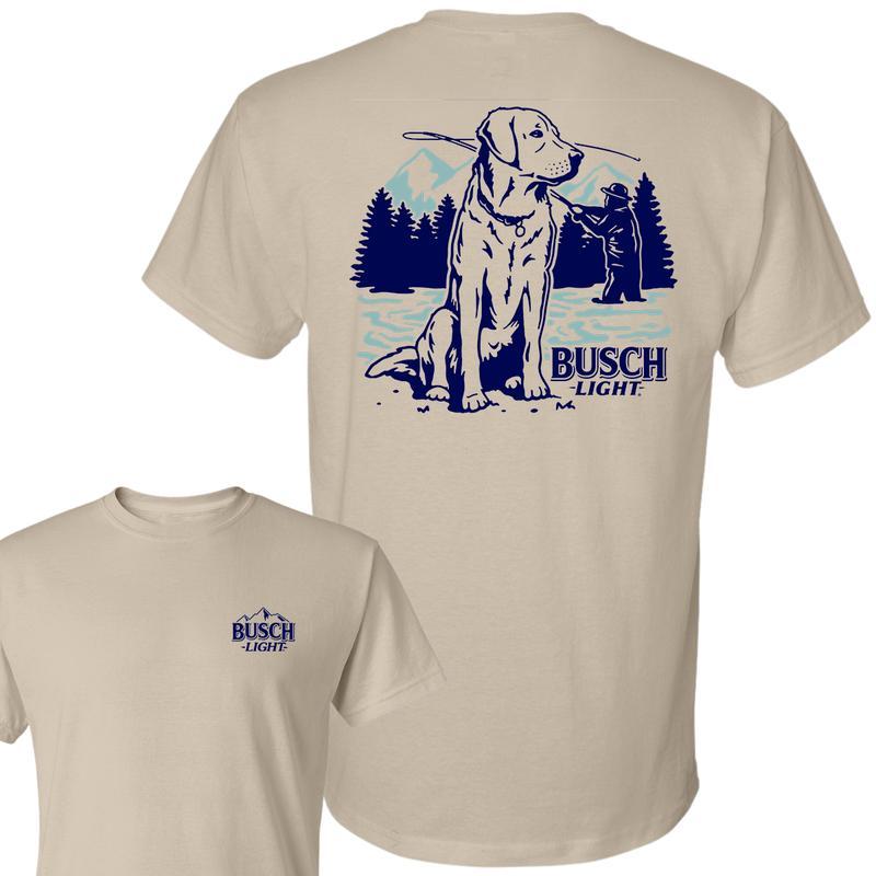 Busch Light, Beer, Busch Light Fly Fishing With Dog Scene 2 sided T-Shirt, Unisex T-Shirt, Full Color T-Shirt, For Men, For Women, Casual Graphic Roun