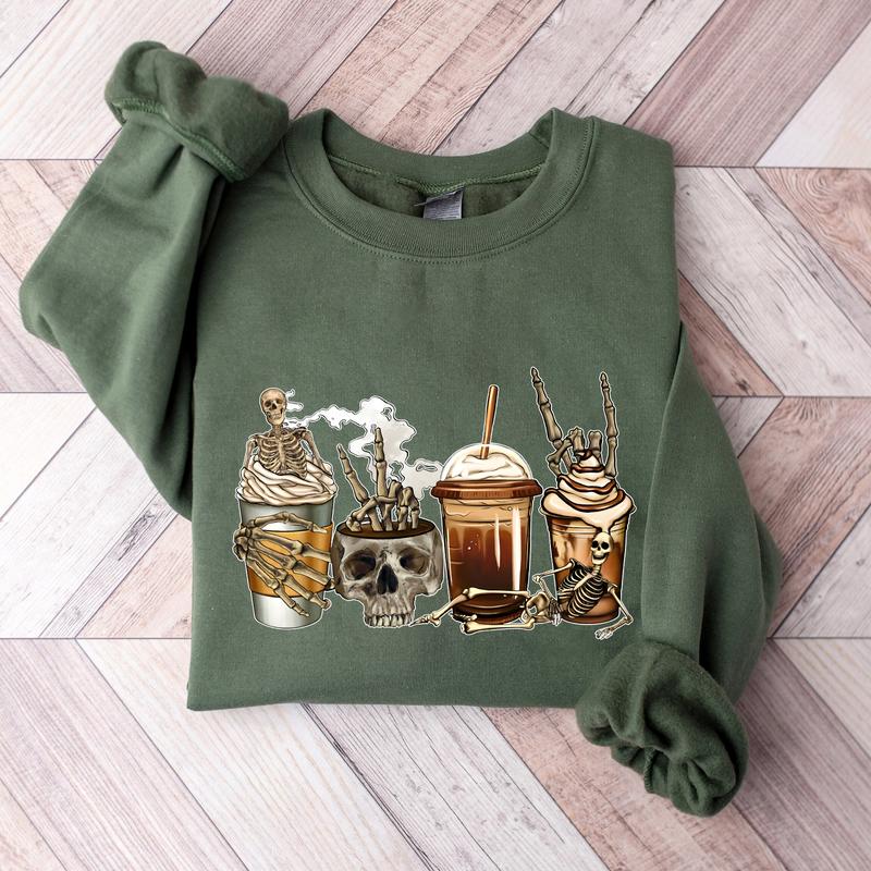 Coffee Skeleton Halloween Crewneck Sweatshirt Hoodie Tshirt, Halloween 2024 Gifts