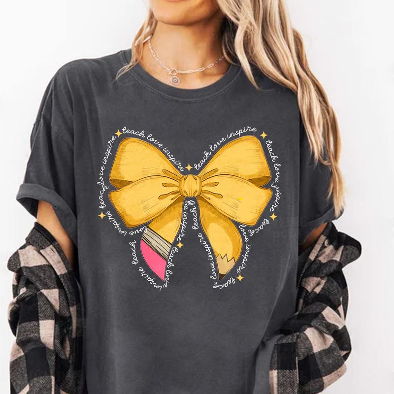 Coquette Teacher Shirt, Pencil Bow Teacher Graphic Tee, Back To School Outfit, First Day Of School, Gift for Teacher, Teacher Crew Matching Shirt Casu