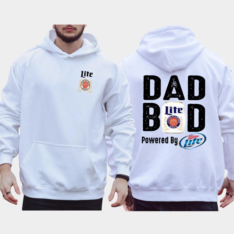 Men's Dad Bod Powered By Miller Lite 2-Sided Hoodie, Daddy's Beer Drinking Hoodie, Drink Tops for Dad, Casual Menswear, Classic Cotton Pullover