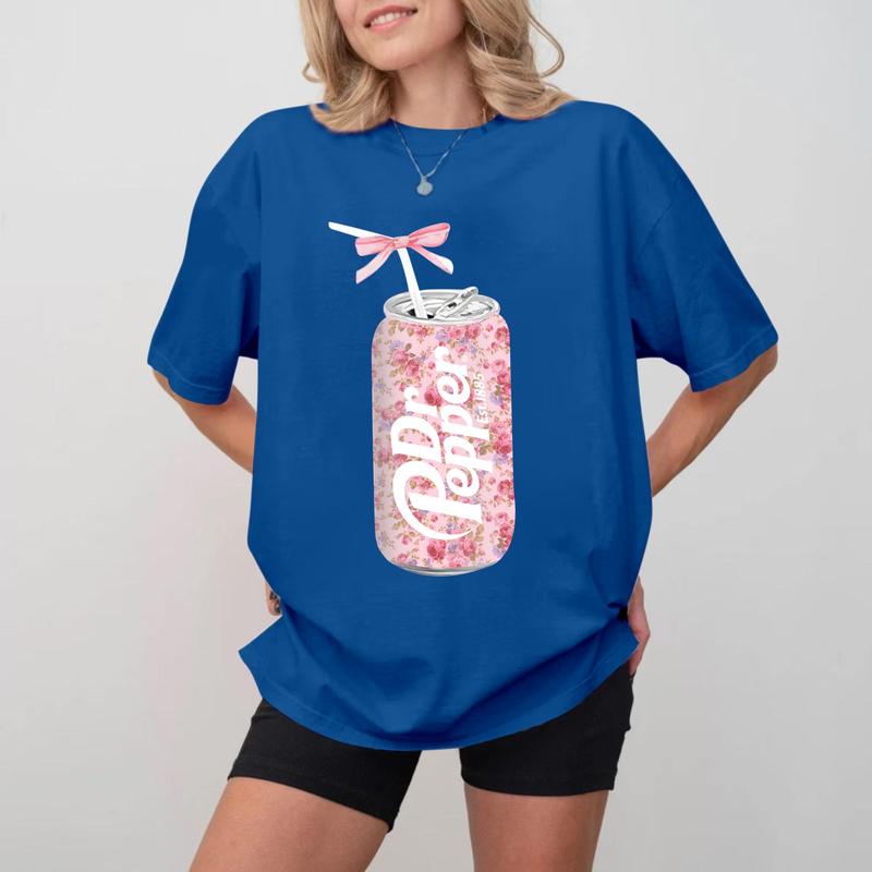 Dr Pepper T-Shirt, Soft Drink Novelty Gift Tee, Cute Pink Bow Graphic Apparel, Rosy Soda Can Shirt for Men's Gift Fashion T-Shirts