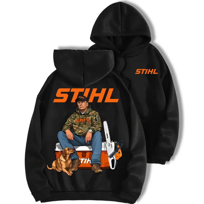 Stihl Trump Hoodie with Chainsaw Graphic Tee for Men - Full Color Cotton T-Shirt - Classic