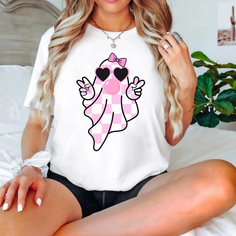 Cute Girly Ghost Blowing Bubble Tee - Retro Checkered Bow Ghost Shirt - Adorable Pink Ghost T-Shirt - Perfect for Ã¢â‚¬ËœOn Wednesdays We Wear Pink, Gift fo