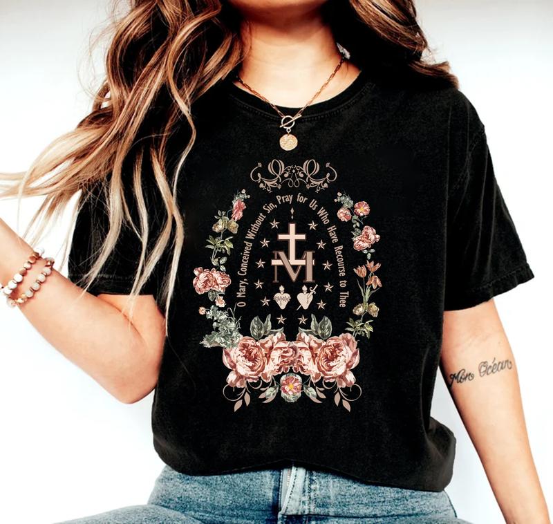 Marian Catholic T-Shirt, Virgin Mary T-shirt, Catholic Gifts For Women, Catholic T-shirt, Marian Cross Sweatshirt, Floral Women Religious Shirts, Cott