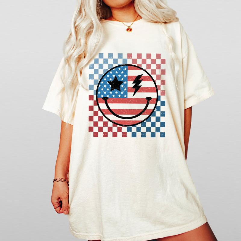Retro Smiling 4th Of July Shirt, Patriotic Shirt, 4th Of July Checkered Shirt, America Shirt, Independence Day T Shirt, USA Flag Shirt, Funny 4th of J