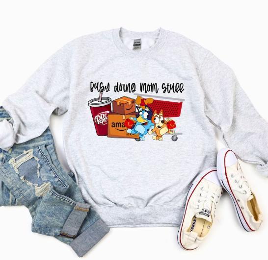 Busy Doing Mom Stuff Bluey Sweatshirt, Bluey And Bingo Sweatshirt, Cartoon Mama Sweatshirt, Couple Sweatshirt - Cross-Gender Fashion - Full Size Range