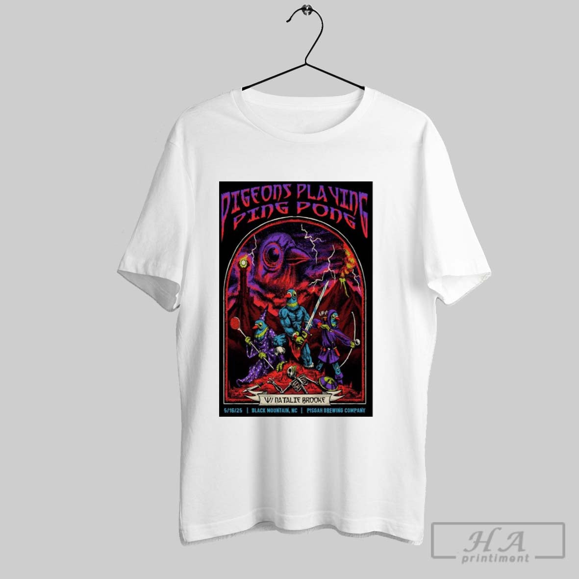 Poster Pigeons Playing Ping Pong Black Mountain Nc Pisgah Brewing Company 5 16 25 T Shirt