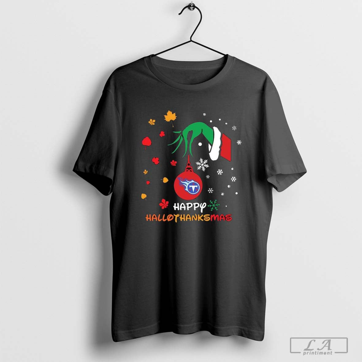 Santa Grinch Hand Tennessee Titans Happy Halloween Thanksgiving Christmas Shirt