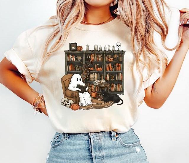 Retro Ghost Reading Books Shirt - Sweatshirt - Hoodie, Librarian Ghost Halloween Sweater, Halloween Teacher Sweatshirt, Ghost Halloween Shirt, Ghost S