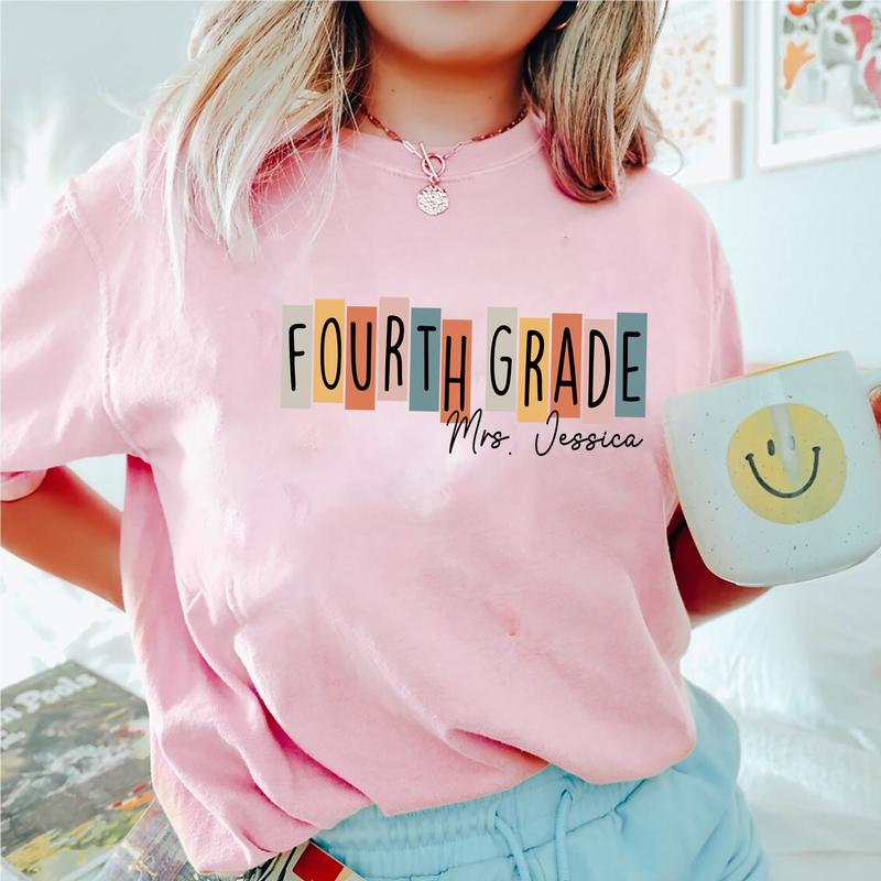 Happy First Day Of School 4th Grade Teacher Shirt, Custom Name Shirt, Personalized Teacher Shirt (Please Inbox In Message), Fourth Grade Teacher Shirt