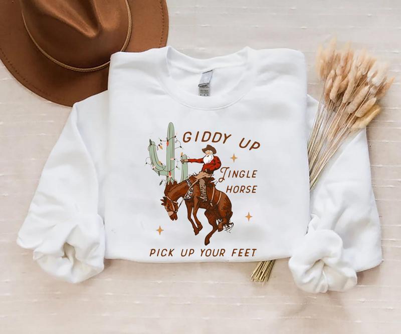 Cowboy Christmas Sweatshirt, Western Christmas Shirt, Giddy Up Jingle Horse Pick Up Your Feet, Howdy Country Christmas Horse, Cowgirl Shirt, Christmas Sweatshirt, Horse Christmas Crewneck Sweatshirt Menswear Hoodie