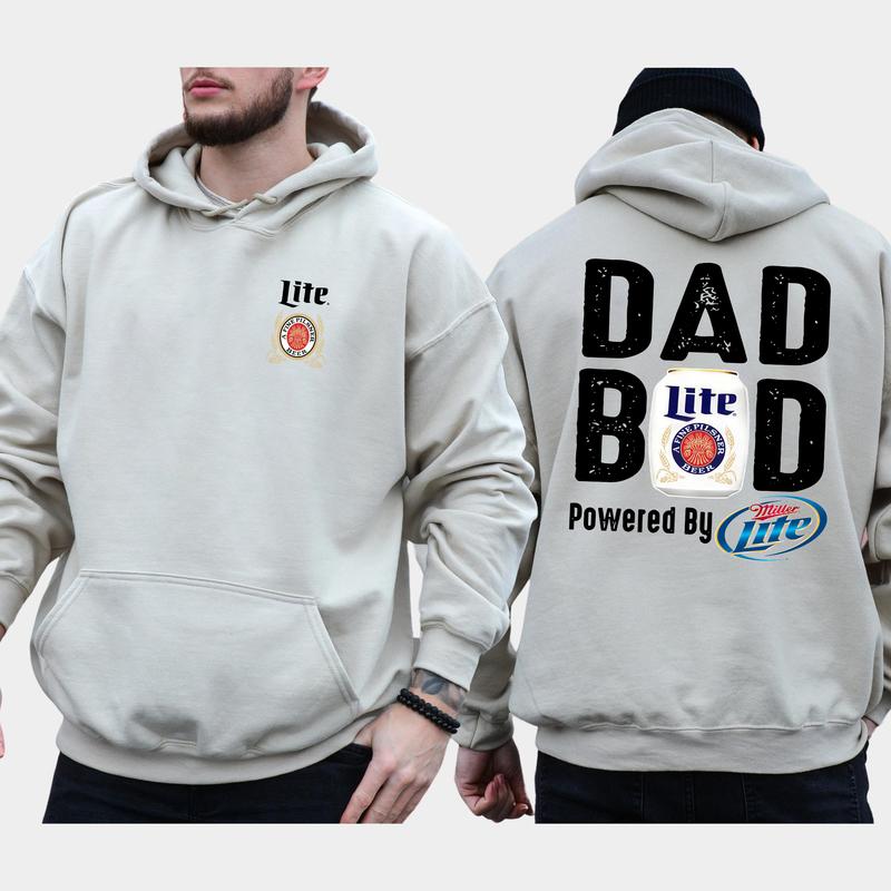 Men's Dad Bod Powered By Miller Lite 2-Sided Hoodie, Daddy's Beer Drinking Hoodie, Drink Tops for Dad, Casual Menswear, Classic Cotton Pullover