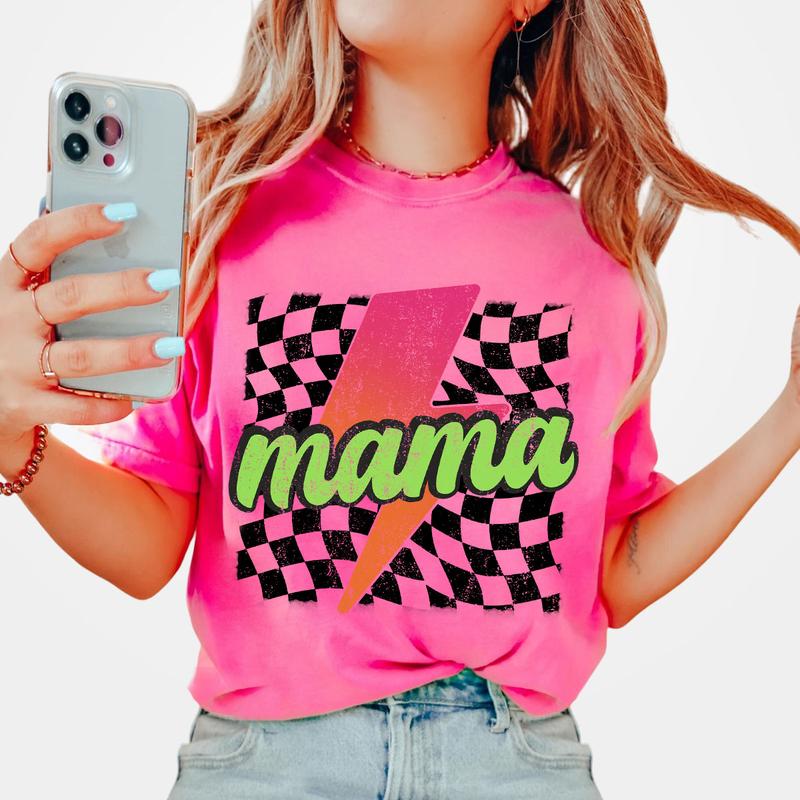 Neon Mama Shirt, Checkered Mama Shirt, Lightning Bolt Shirt, Mothers Day Gift, Retro Checkered Mom Tshirt, Mom Comfort Tee, Gift for Her, Retro Mama Shirt, Mom Women Tops